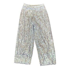 Zara Girls Sequins Pants Size 9 Party Disco Dressy Wide Leg Pull On Silver